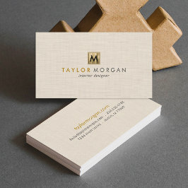 Elegante luxe beige linnen gouden logo monogram visitekaartje