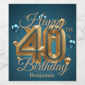 Elegante luxe blauw en goud 40e verjaardag wijn etiket (Enkel label)