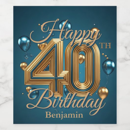 Elegante luxe blauw en goud 40e verjaardag wijn etiket (Enkel label)