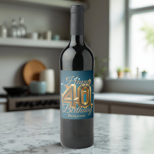 Elegante luxe blauw en goud 40e verjaardag wijn etiket