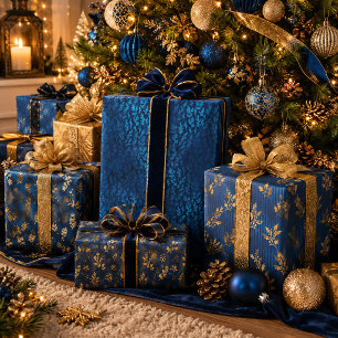 Elegante luxe blauwe gouden kerstvakantie inpakpapier vel