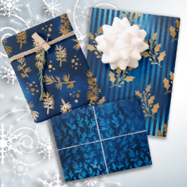 Elegante luxe blauwe gouden kerstvakantie inpakpapier vel