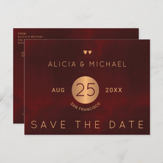 Elegante luxe bordeaux gouden bruiloft save date aankondigingskaart (Voorkant / Achterkant)