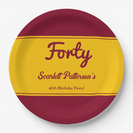 Elegante luxe Bourgondië en goud 40e verjaardag Papieren Bordje (Voorkant)