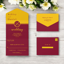 Elegante luxe Bourgondië en gouden monogram bruilo All In One Uitnodiging