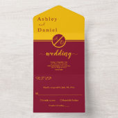 Elegante luxe Bourgondië en gouden monogram bruilo All In One Uitnodiging (Binnen)