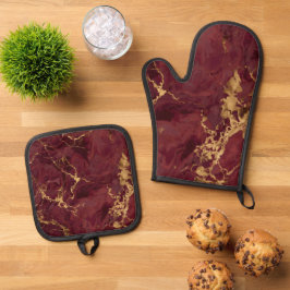 Elegante luxe burgundyrood goud marmer ovenwant & pannenlap set
