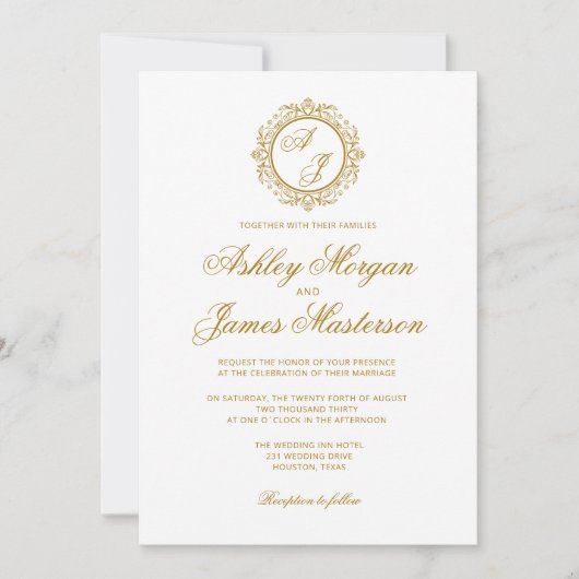 Elegante Luxe Donker Goud Monogram Wit Bruiloft Kaart (Voorkant)