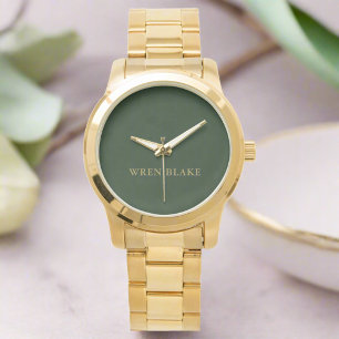 Elegante Luxe Donkergroen & Gouden Naam Verjaardag Horloge
