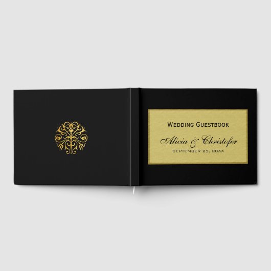 Elegante luxe eenvoudige zwart-gouden bruiloft gastenboek (Volledig)