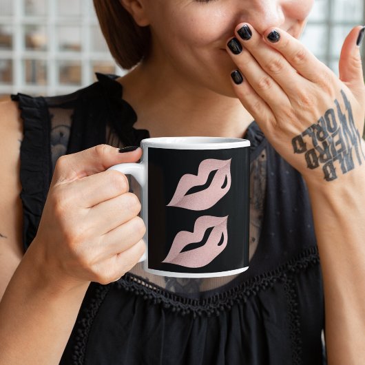 Elegante Luxe Glam Roos Gouden Lippen & Zwarte Mod Mok