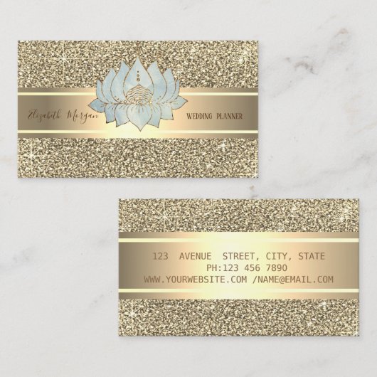 Elegante luxe glitter ,gouden streep, blauwe lotus visitekaartje (Voorkant / Achterkant)