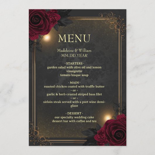 Elegante luxe goth glamour bruiloft menu (Voorkant)