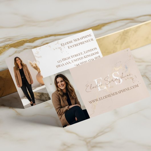 Elegante luxe goud marmer script monogram foto's visitekaartje