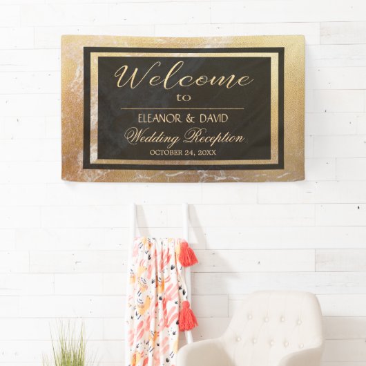 Elegante luxe goud zwart marmer bruiloft script spandoek (Insitu)