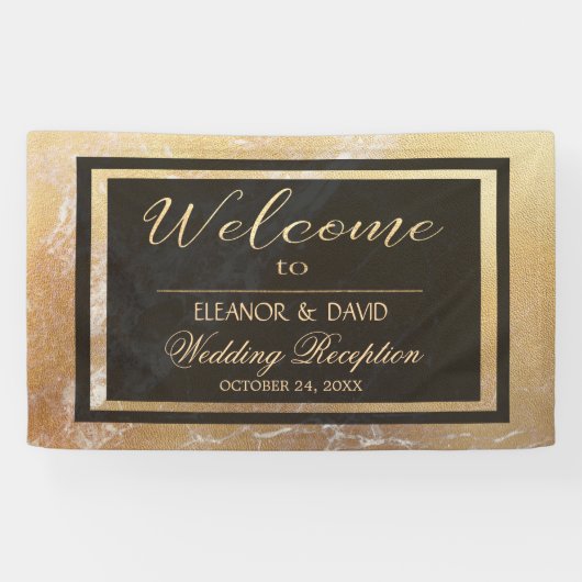 Elegante luxe goud zwart marmer bruiloft script spandoek (Horizontaal)