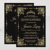 Elegante luxe gouden en zwarte Quinceanera Kaart (Voorkant / Achterkant)