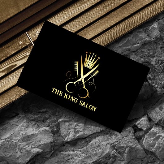 Elegante Luxe Gouden Schaar & Zwart Haar Stylist Visitekaartje