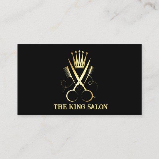 Elegante Luxe Gouden Schaar & Zwart Haar Stylist Visitekaartje (Voorkant)