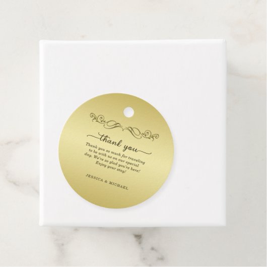 Elegante luxe gouden sierlijke bruiloft bedankjes labels (In situ)