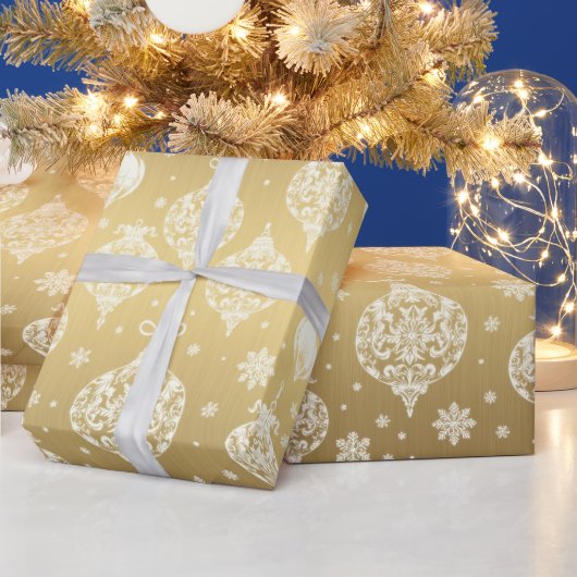Elegante Luxe Gouden Witte Kerst Ornamenten Cadeaupapier (Feestdagen)