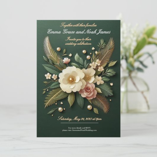 Elegante Luxe Groene Bloemen Huwelijksuitnodiging Kaart (Staand voorkant)