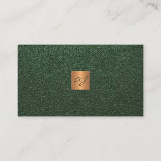 Elegante luxe groene lederen koper goud monogram visitekaartje (Voorkant)
