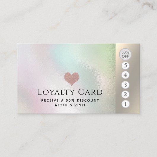 Elegante luxe holografische roze hart klantenkaartje (Voorkant)