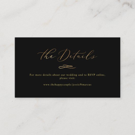 Elegante Luxe Kalligrafie Faux Gold Wedding Detail Visitekaartje (Voorkant)