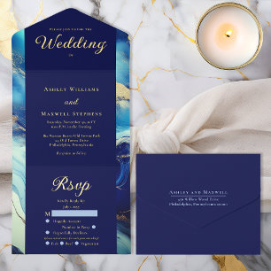 Elegante luxe marineblauwe en gouden marmeren trou all in one uitnodiging