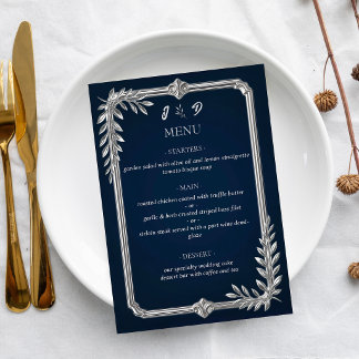 Elegante luxe marineblauwe en zilveren trouwdag menu