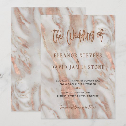 Elegante luxe marmeren koperen en rozen gouden bru kaart (Voorkant / Achterkant)