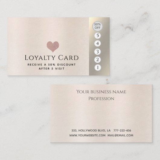 Elegante luxe metallic parel roze hart klantenkaartje (Voorkant / Achterkant)