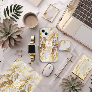 Elegante Luxe Monogrammed Goud en Ivoor Monstera iPhone 15 Mini Hoesje