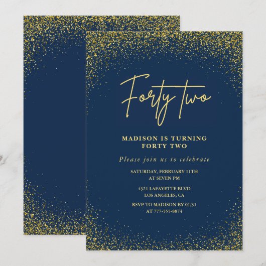 Elegante Luxe Navy Gold Glitter 42e verjaardag Kaart (Voorkant / Achterkant)