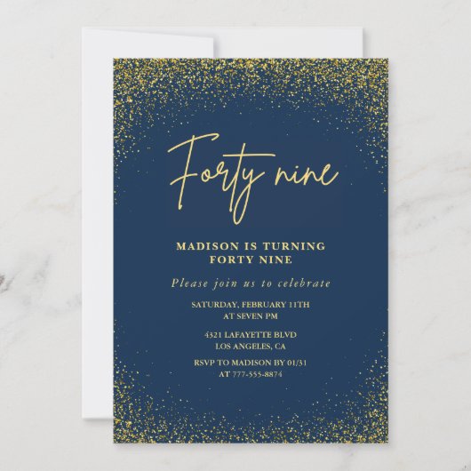 Elegante Luxe Navy Gold Glitter 49e verjaardag Kaart (Voorkant)