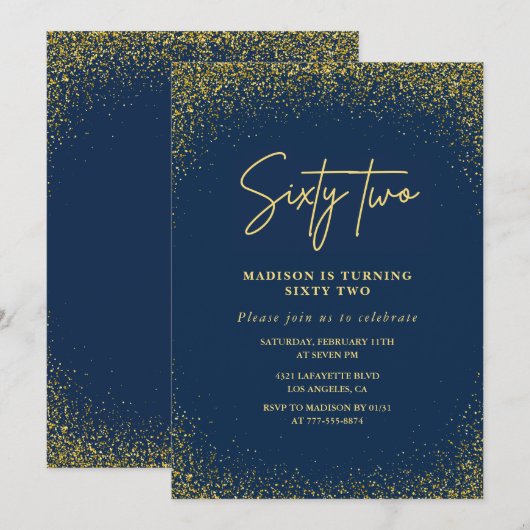 Elegante Luxe Navy Gold Glitter 62e verjaardag Kaart (Voorkant / Achterkant)
