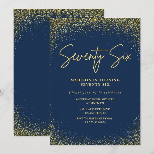 Elegante luxe Navy Gold Glitter 76e verjaardag Kaart (Voorkant / Achterkant)
