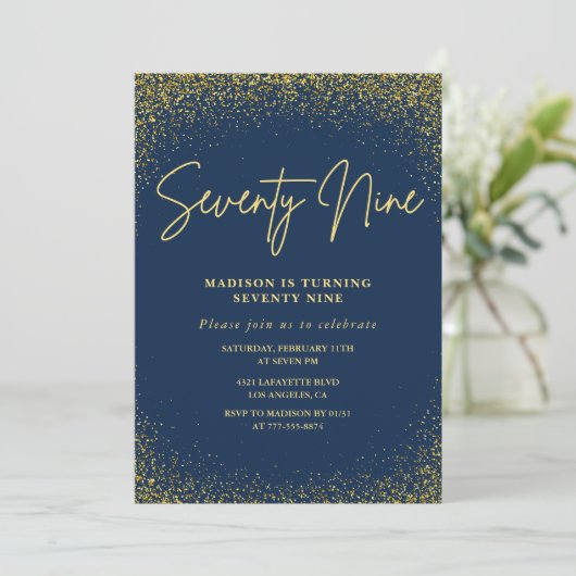 Elegante Luxe Navy Gold Glitter 79e verjaardag Kaart (Staand voorkant)