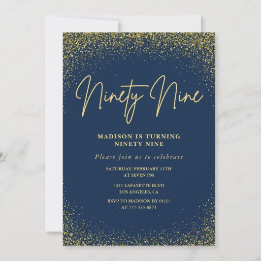 Elegante Luxe Navy Gold Glitter 99e verjaardag Kaart (Voorkant)