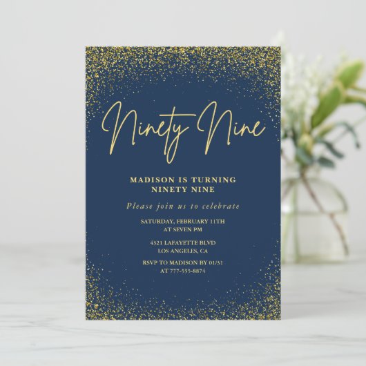 Elegante Luxe Navy Gold Glitter 99e verjaardag Kaart (Staand voorkant)