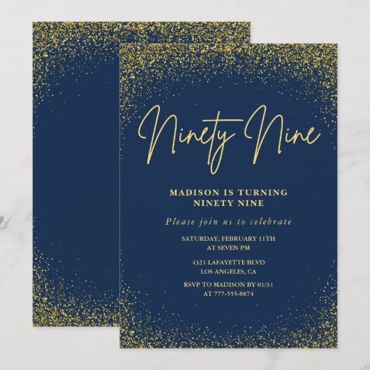 Elegante Luxe Navy Gold Glitter 99e verjaardag Kaart (Voorkant / Achterkant)