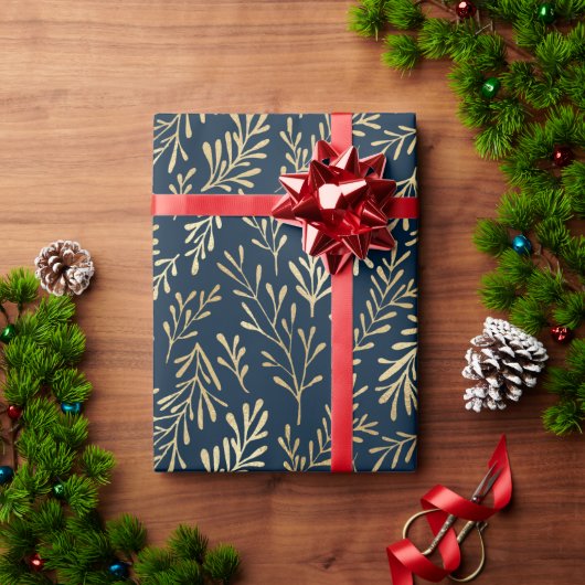 Elegante Luxe Navy Goud Blad Patroon Kerstmis Cadeaupapier (Feestdagen Geschenken)