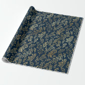 Elegante Luxe Navy Goud Blad Patroon Kerstmis Cadeaupapier (Uitgerold)