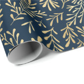 Elegante Luxe Navy Goud Blad Patroon Kerstmis Cadeaupapier (Rol Hoek)
