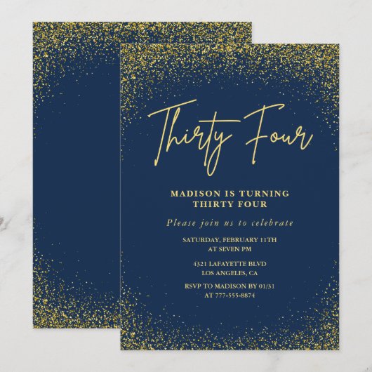 Elegante luxe navy goud glitters 34e verjaardag kaart (Voorkant / Achterkant)