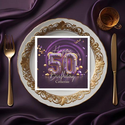 Elegante luxe Paarse en gouden 50e verjaardag Servet