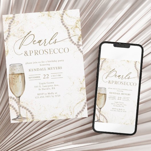 Elegante Luxe Parels en Prosecco Verjaardag Kaart