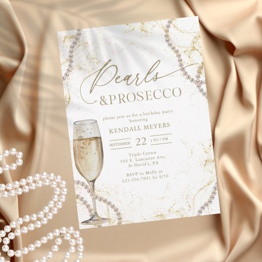 Elegante Luxe Parels en Prosecco Verjaardag Kaart