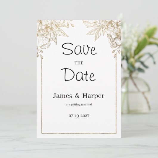 Elegante luxe wit en gouden bloemen Save the Date Kaart (Staand voorkant)